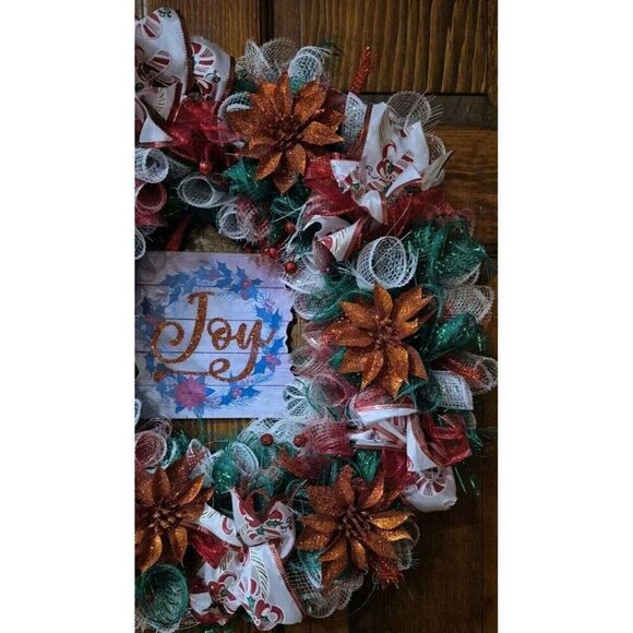 Hand Made Deco Mesh Christmas Poinsettia Holiday Door Wreath Winter Home Decor - Picture 3 of 7